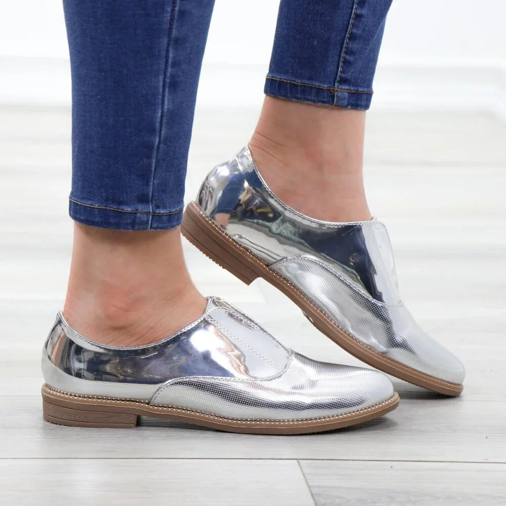 Silver Patent Flat Slip On Oxford Loafers - Picture 4 of 15